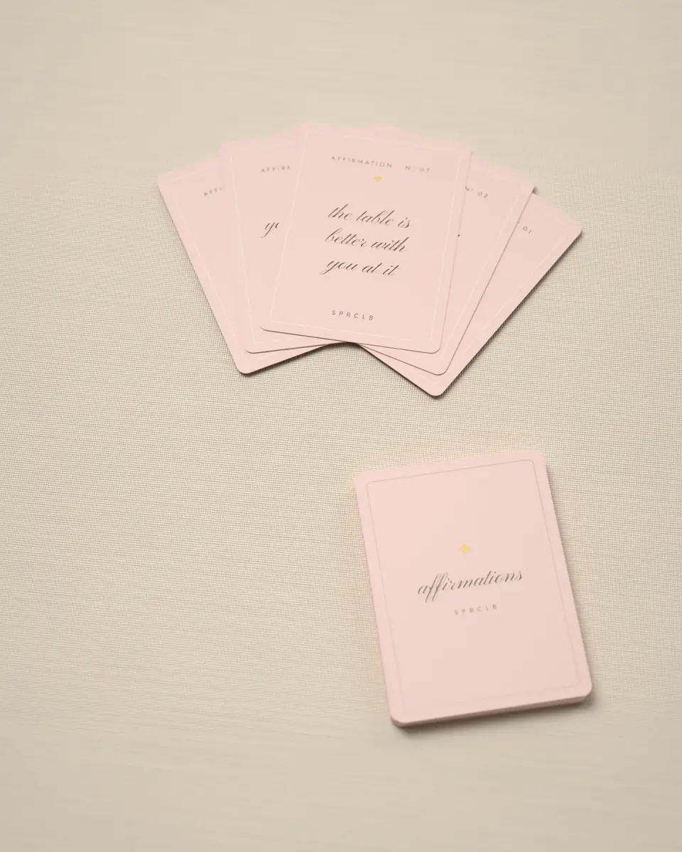 The affirmation deck: five blush affirmation cards fanned on linen, the deck box beside them