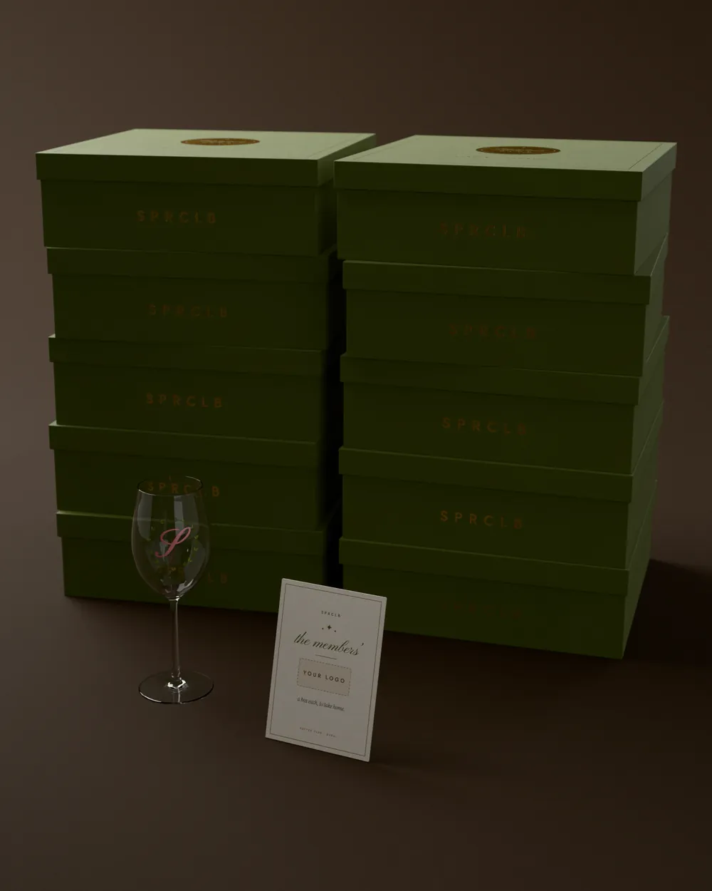 Ten olive Members' boxes in two stacks, with a house-rules card that has a space for your logo