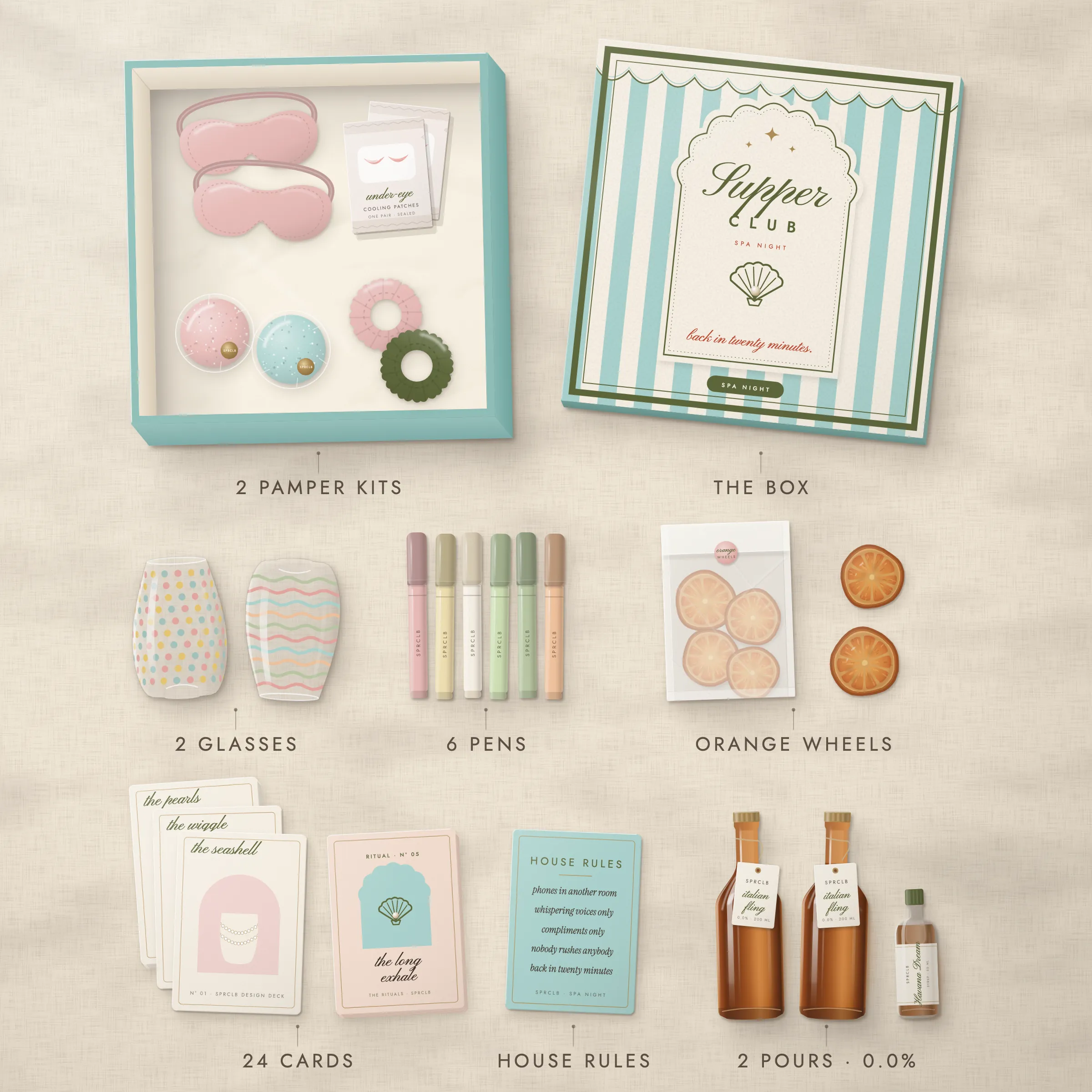 Everything in Spa Night laid out from above: the cabana lid, two stemless glasses, six pastel pens, the design and rituals decks, two eye masks, under-eye patches, two bath fizzers, two scrunchies, orange wheels and two pours