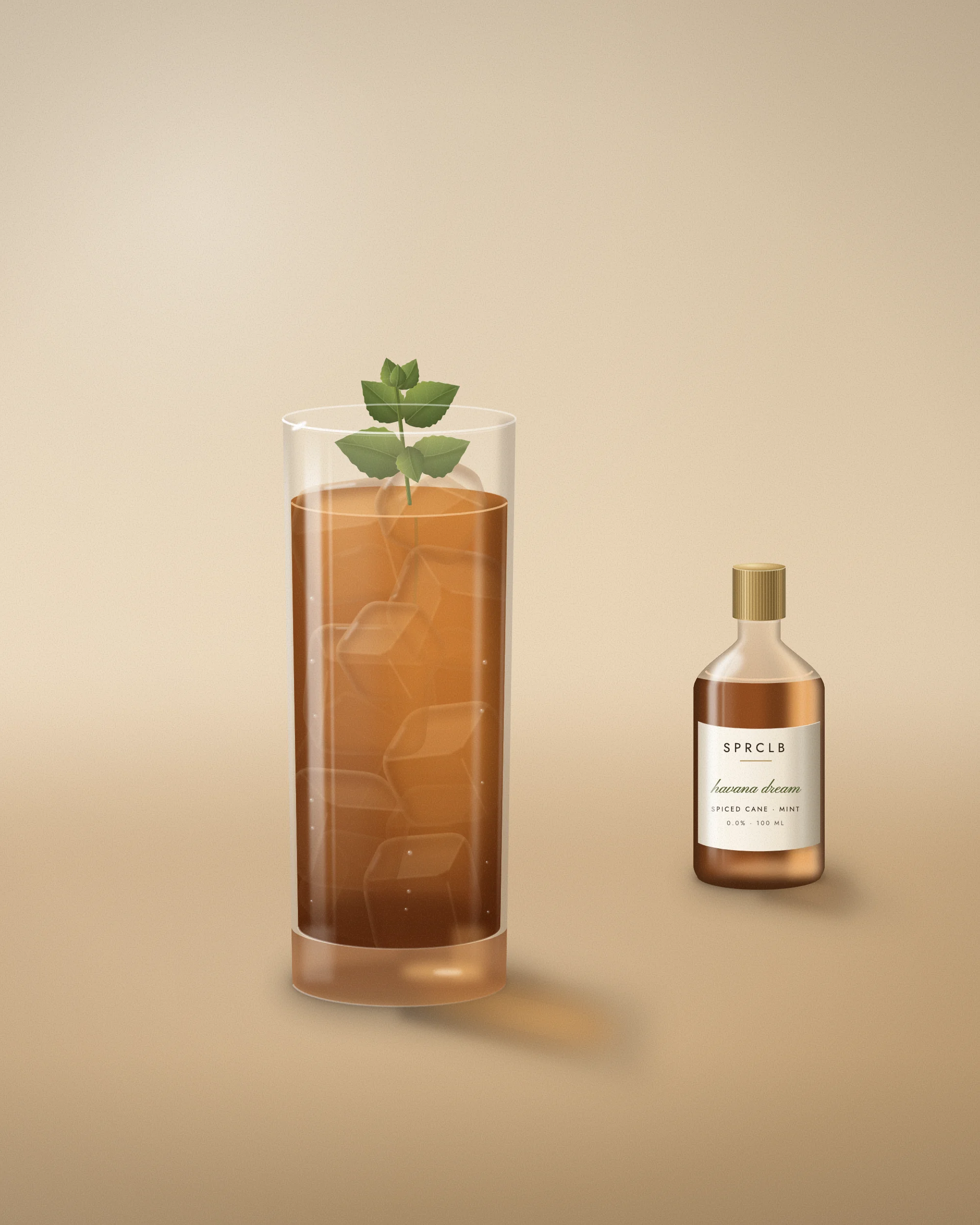 Havana Dream: a tall highball of spiced cane over ice with a mint sprig, beside a SPRCLB syrup bottle