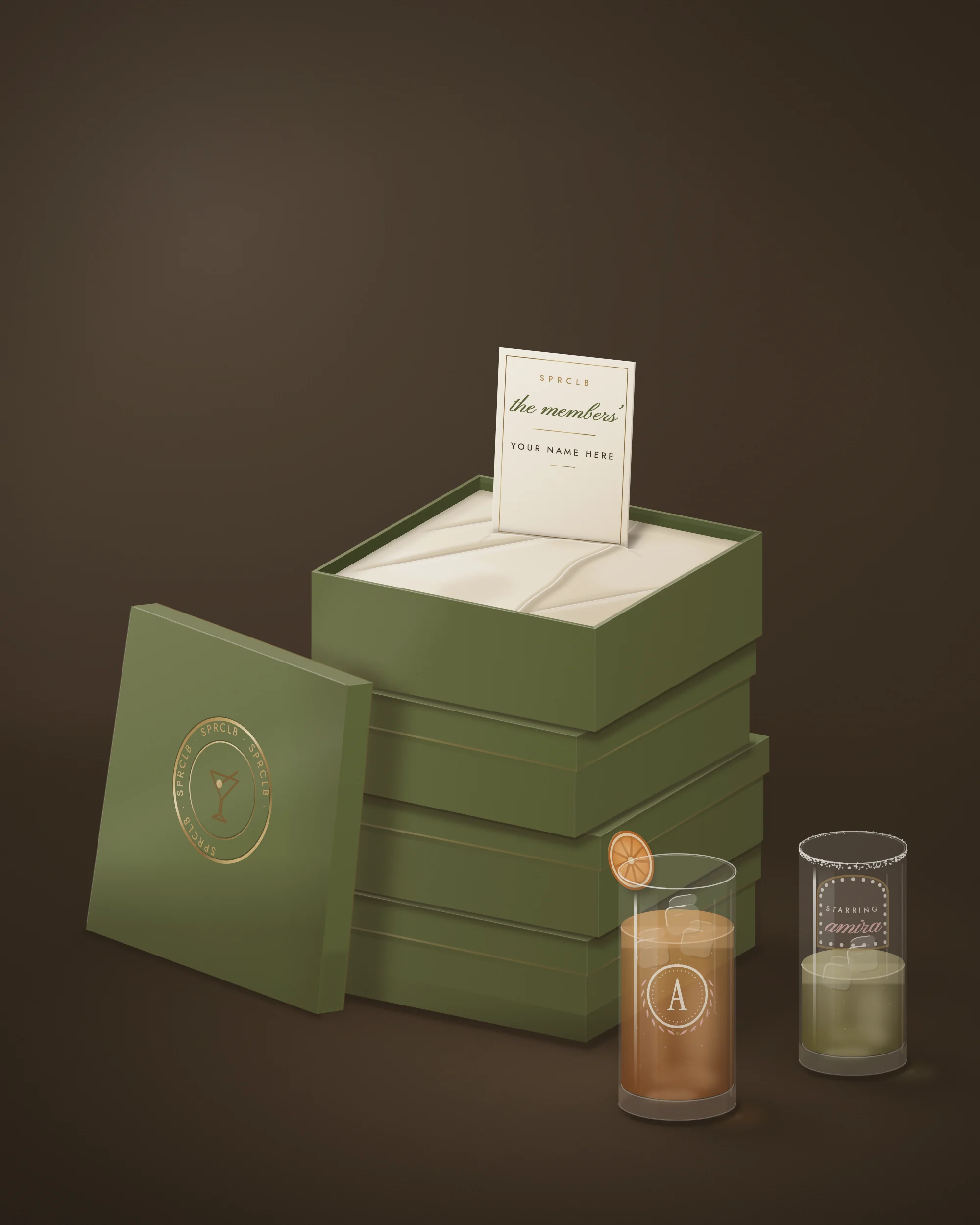 The Members': four olive boxes stacked with brass foil seals, the top one open to a house card reading your name here