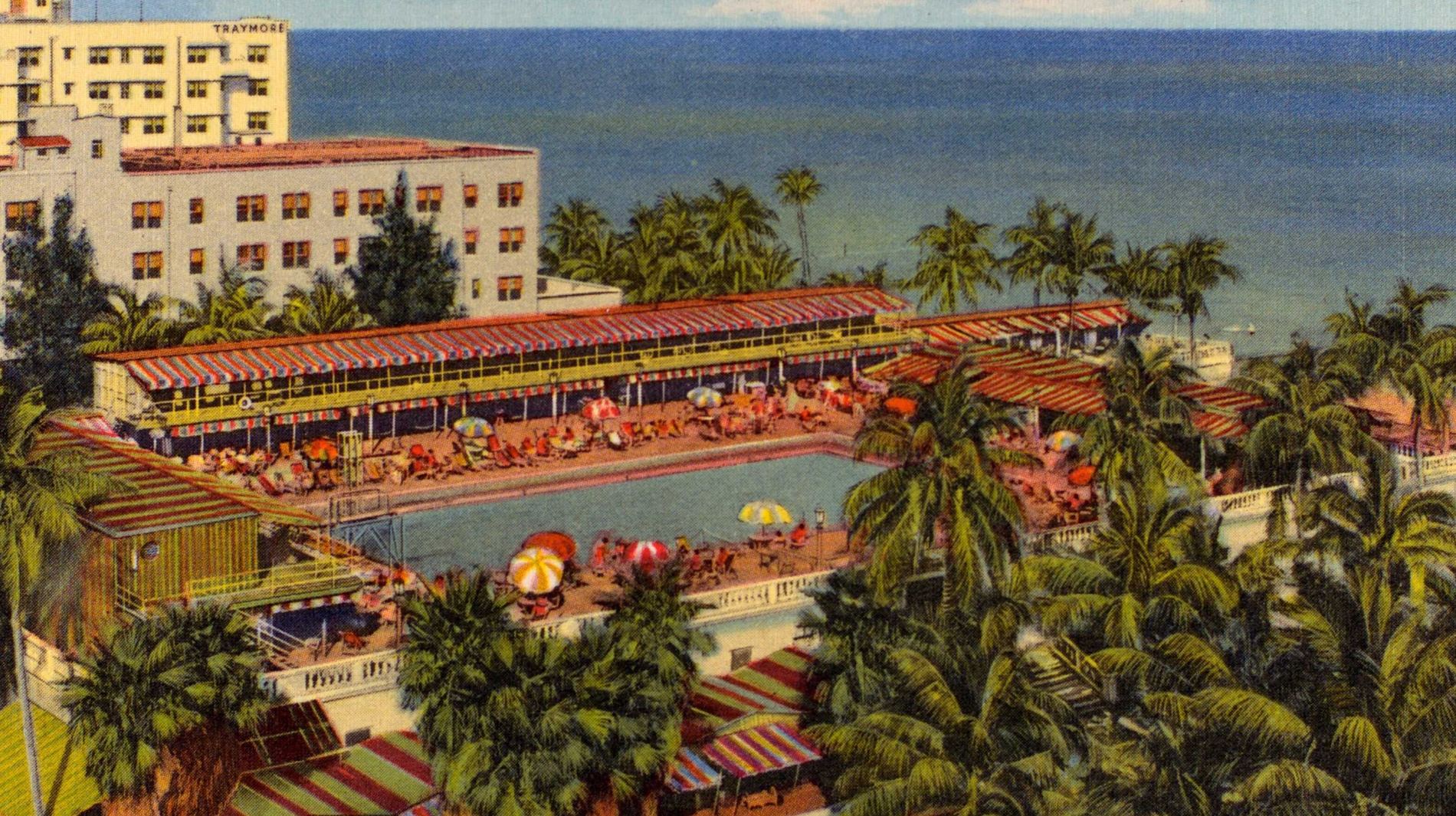 A 1941 postcard of the Roney Plaza Cabana Sun Club, Miami Beach: striped cabanas around a pool, palms and the ocean beyond