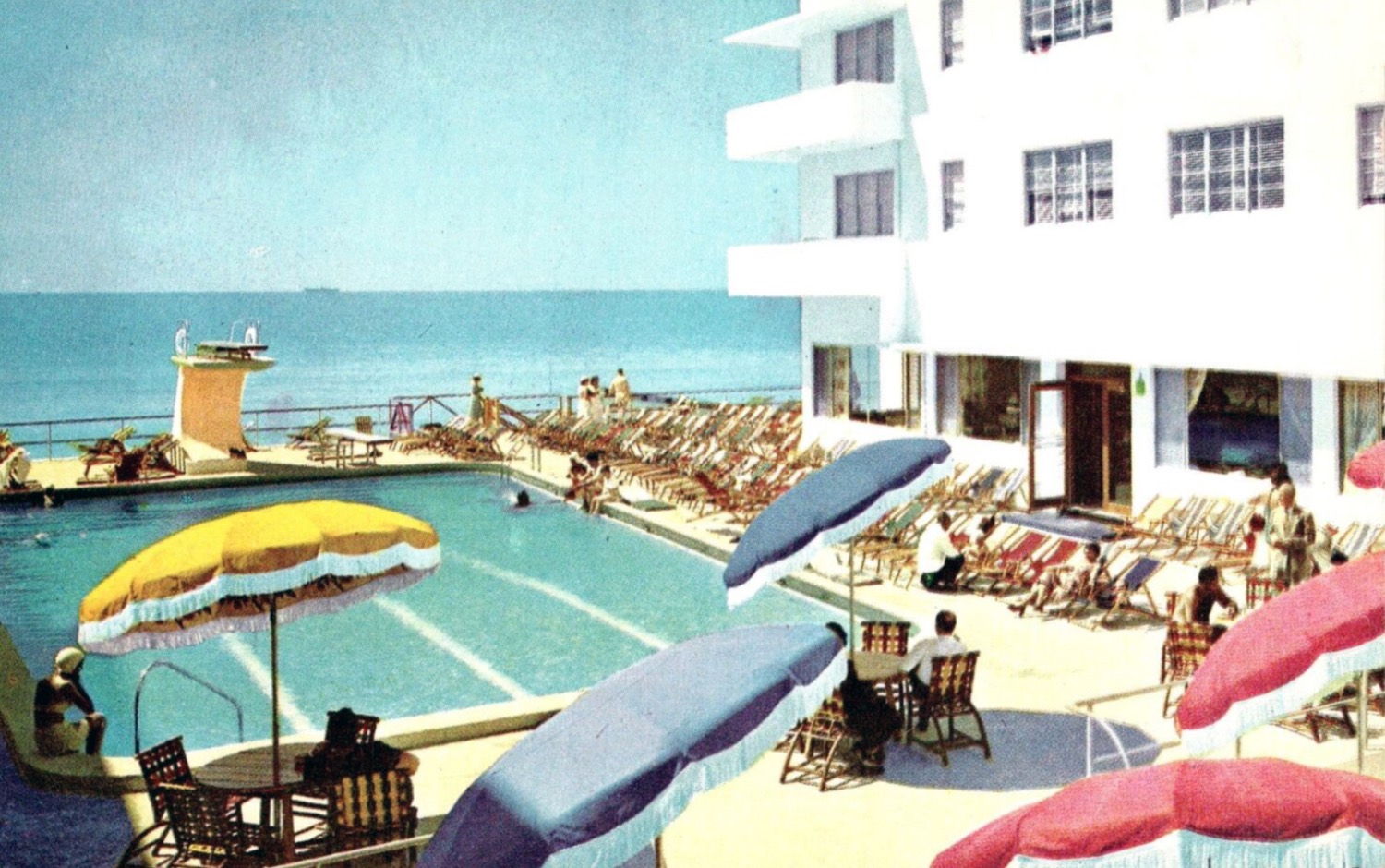 1950s postcard of the Delmonico Hotel pool deck with yellow, powder blue and pink parasols